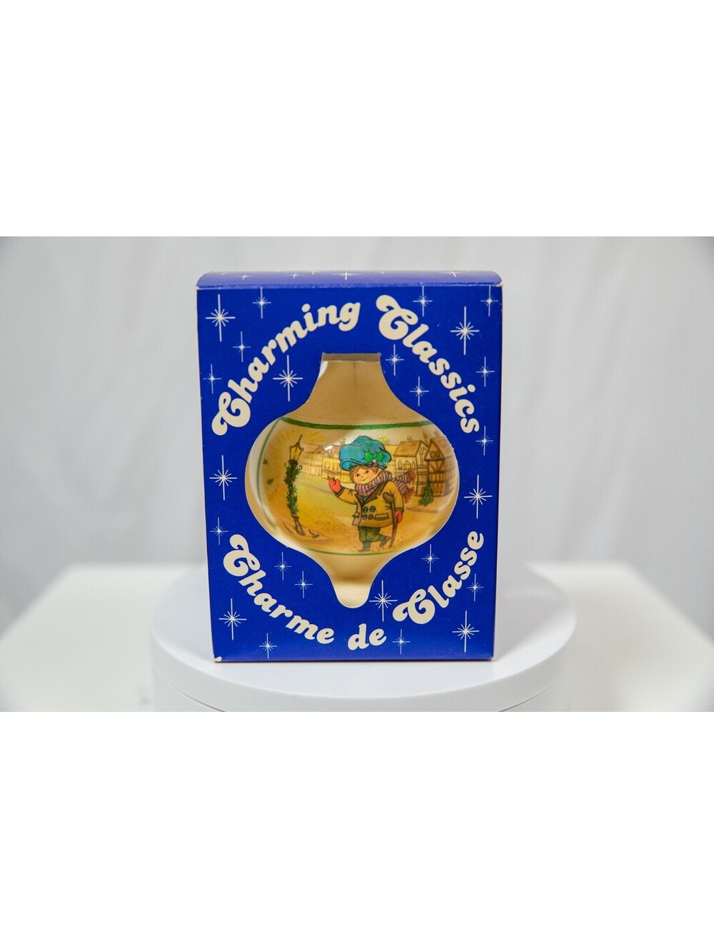 NOMA Doubl Glo Vintage Glass Ornament - "Victorian Village, God Bless" - 80s 90s